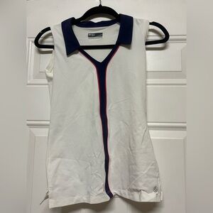 Lija White Sleeveless Polo Tank with Navy Collar and Pink Piping